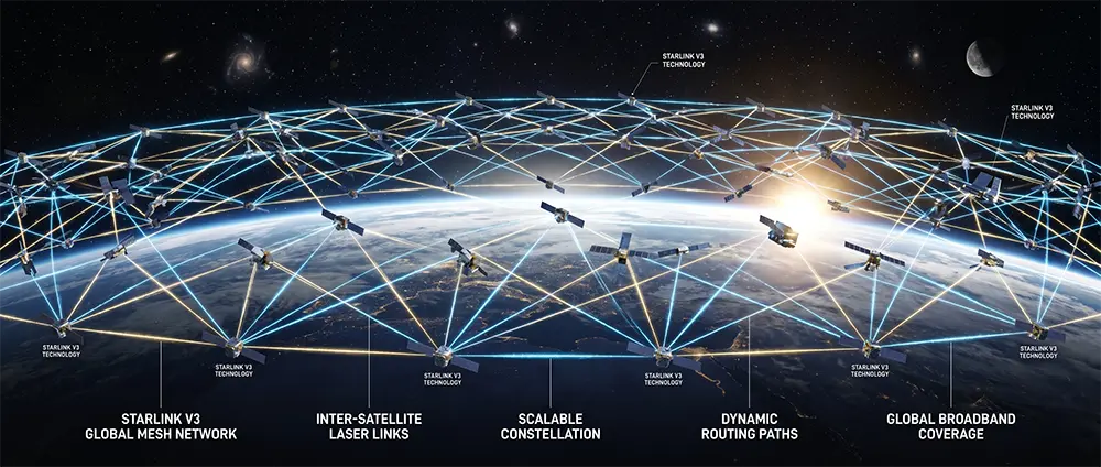 Космічна мережа супутників третього покоління Starlink V3 Глобальна лазерна мережа супутників Starlink V3 від SpaceX на орбіті Землі